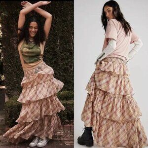 New Free People Sawyer Plaid Ruffle Maxi Skirt